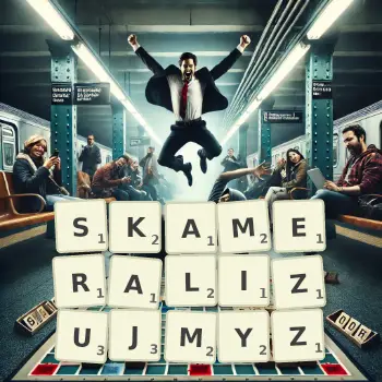 Kreatywna ilustracja do gry w Scrabble ze słowem SKAMERALIZUJMYZ ułożonym z płytek na planszy.