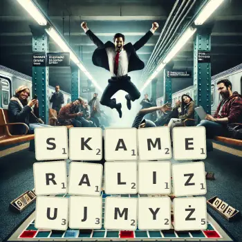 Kreatywna ilustracja do gry w Scrabble ze słowem SKAMERALIZUJMYŻ ułożonym z płytek na planszy.