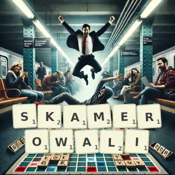 Kreatywna ilustracja do gry w Scrabble ze słowem SKAMEROWALI ułożonym z płytek na planszy.