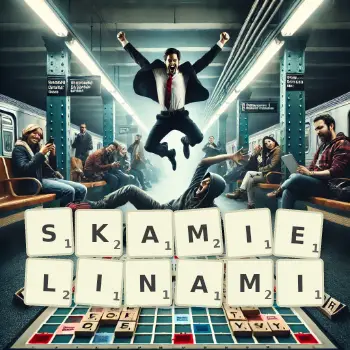 Kreatywna ilustracja do gry w Scrabble ze słowem SKAMIELINAMI ułożonym z płytek na planszy.