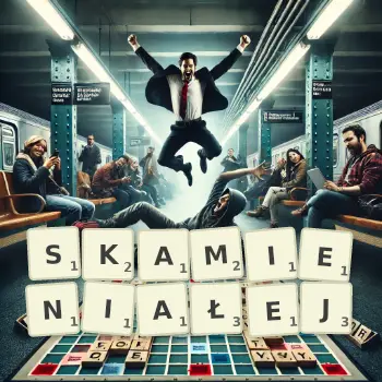 Kreatywna ilustracja do gry w Scrabble ze słowem SKAMIENIAŁEJ ułożonym z płytek na planszy.