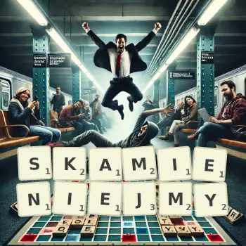 Kreatywna ilustracja do gry w Scrabble ze słowem SKAMIENIEJMY ułożonym z płytek na planszy.