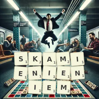 Kreatywna ilustracja do gry w Scrabble ze słowem SKAMIENIENIEM ułożonym z płytek na planszy.