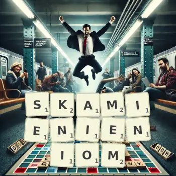 Kreatywna ilustracja do gry w Scrabble ze słowem SKAMIENIENIOM ułożonym z płytek na planszy.