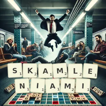 Kreatywna ilustracja do gry w Scrabble ze słowem SKAMLENIAMI ułożonym z płytek na planszy.