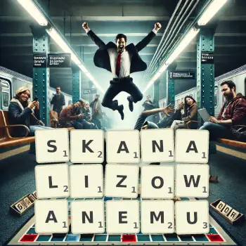 Kreatywna ilustracja do gry w Scrabble ze słowem SKANALIZOWANEMU ułożonym z płytek na planszy.