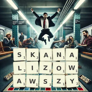 Kreatywna ilustracja do gry w Scrabble ze słowem SKANALIZOWAWSZY ułożonym z płytek na planszy.