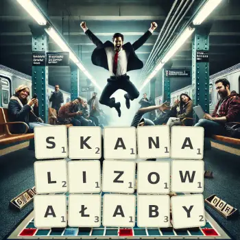 Kreatywna ilustracja do gry w Scrabble ze słowem SKANALIZOWAŁABY ułożonym z płytek na planszy.
