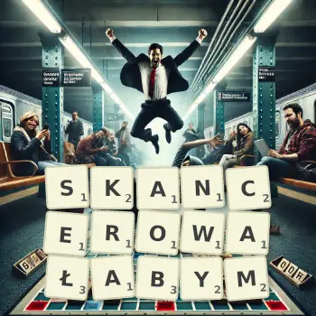 Kreatywna ilustracja do gry w Scrabble ze słowem SKANCEROWAŁABYM ułożonym z płytek na planszy.