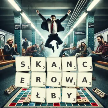 Kreatywna ilustracja do gry w Scrabble ze słowem SKANCEROWAŁBY ułożonym z płytek na planszy.