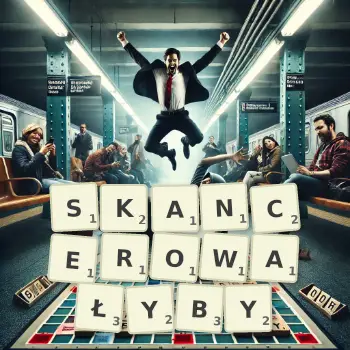 Kreatywna ilustracja do gry w Scrabble ze słowem SKANCEROWAŁYBY ułożonym z płytek na planszy.