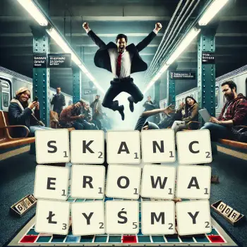 Kreatywna ilustracja do gry w Scrabble ze słowem SKANCEROWAŁYŚMY ułożonym z płytek na planszy.