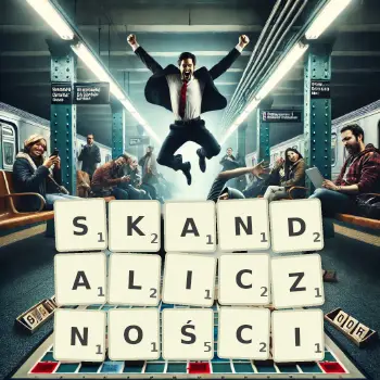 Kreatywna ilustracja do gry w Scrabble ze słowem SKANDALICZNOŚCI ułożonym z płytek na planszy.