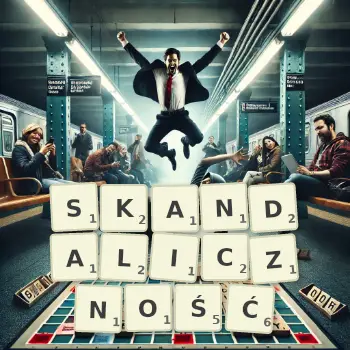 Kreatywna ilustracja do gry w Scrabble ze słowem SKANDALICZNOŚĆ ułożonym z płytek na planszy.