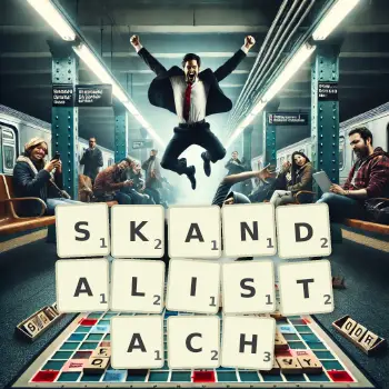 Kreatywna ilustracja do gry w Scrabble ze słowem SKANDALISTACH ułożonym z płytek na planszy.