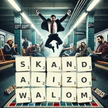 Kreatywna ilustracja do gry w Scrabble ze słowem SKANDALIZOWALOM ułożonym z płytek na planszy.