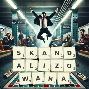 Kreatywna ilustracja do gry w Scrabble ze słowem SKANDALIZOWANA ułożonym z płytek na planszy.