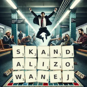 Kreatywna ilustracja do gry w Scrabble ze słowem SKANDALIZOWANEJ ułożonym z płytek na planszy.