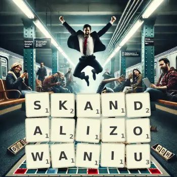 Kreatywna ilustracja do gry w Scrabble ze słowem SKANDALIZOWANIU ułożonym z płytek na planszy.
