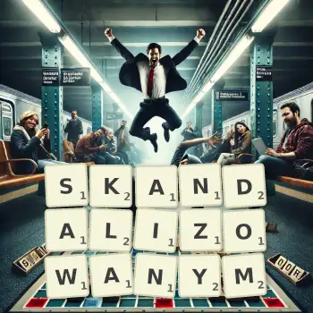 Kreatywna ilustracja do gry w Scrabble ze słowem SKANDALIZOWANYM ułożonym z płytek na planszy.