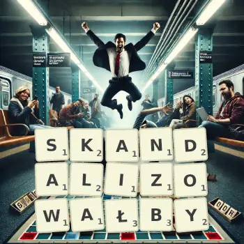 Kreatywna ilustracja do gry w Scrabble ze słowem SKANDALIZOWAŁBY ułożonym z płytek na planszy.