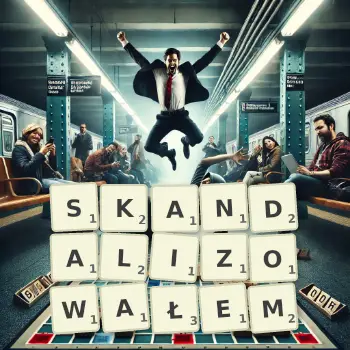 Kreatywna ilustracja do gry w Scrabble ze słowem SKANDALIZOWAŁEM ułożonym z płytek na planszy.