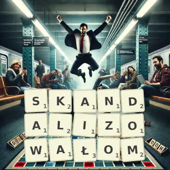 Kreatywna ilustracja do gry w Scrabble ze słowem SKANDALIZOWAŁOM ułożonym z płytek na planszy.