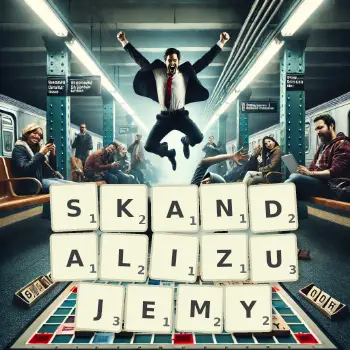 Kreatywna ilustracja do gry w Scrabble ze słowem SKANDALIZUJEMY ułożonym z płytek na planszy.