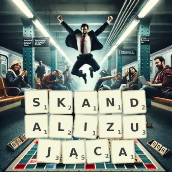 Kreatywna ilustracja do gry w Scrabble ze słowem SKANDALIZUJĄCA ułożonym z płytek na planszy.