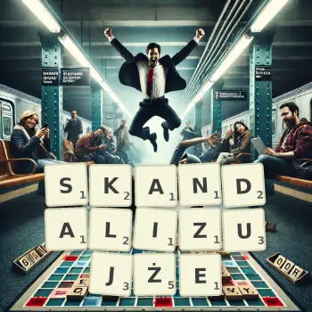 Kreatywna ilustracja do gry w Scrabble ze słowem SKANDALIZUJŻE ułożonym z płytek na planszy.