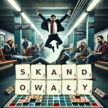 Kreatywna ilustracja do gry w Scrabble ze słowem SKANDOWAŁY ułożonym z płytek na planszy.