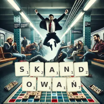 Kreatywna ilustracja do gry w Scrabble ze słowem SKANDOWAŃ ułożonym z płytek na planszy.