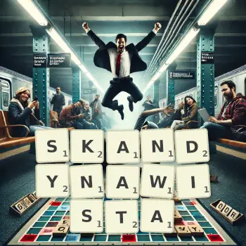 Kreatywna ilustracja do gry w Scrabble ze słowem SKANDYNAWISTA ułożonym z płytek na planszy.