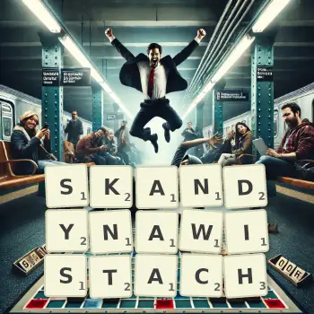 Kreatywna ilustracja do gry w Scrabble ze słowem SKANDYNAWISTACH ułożonym z płytek na planszy.