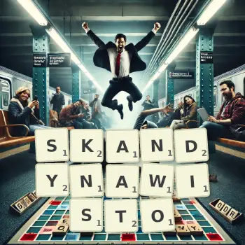 Kreatywna ilustracja do gry w Scrabble ze słowem SKANDYNAWISTO ułożonym z płytek na planszy.