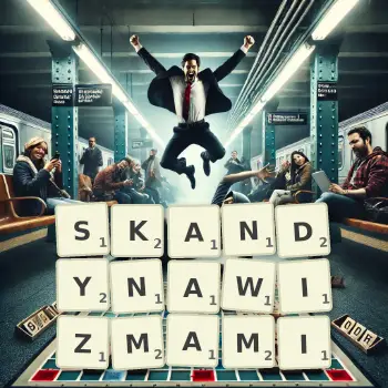 Kreatywna ilustracja do gry w Scrabble ze słowem SKANDYNAWIZMAMI ułożonym z płytek na planszy.