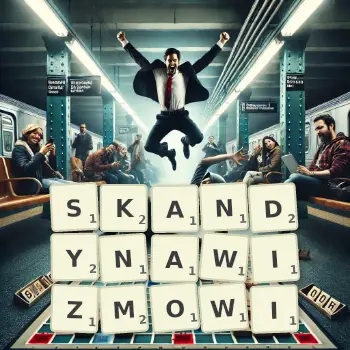 Kreatywna ilustracja do gry w Scrabble ze słowem SKANDYNAWIZMOWI ułożonym z płytek na planszy.