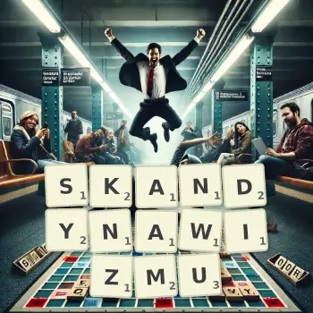 Kreatywna ilustracja do gry w Scrabble ze słowem SKANDYNAWIZMU ułożonym z płytek na planszy.