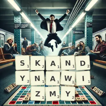 Kreatywna ilustracja do gry w Scrabble ze słowem SKANDYNAWIZMY ułożonym z płytek na planszy.