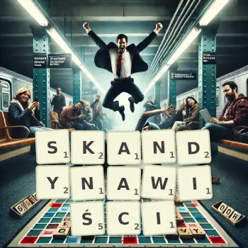 Kreatywna ilustracja do gry w Scrabble ze słowem SKANDYNAWIŚCI ułożonym z płytek na planszy.