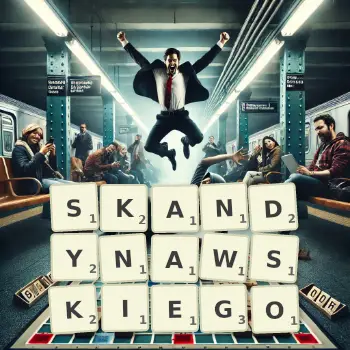 Kreatywna ilustracja do gry w Scrabble ze słowem SKANDYNAWSKIEGO ułożonym z płytek na planszy.