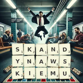 Kreatywna ilustracja do gry w Scrabble ze słowem SKANDYNAWSKIEMU ułożonym z płytek na planszy.