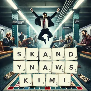 Kreatywna ilustracja do gry w Scrabble ze słowem SKANDYNAWSKIMI ułożonym z płytek na planszy.