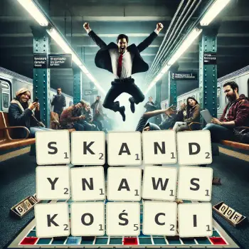 Kreatywna ilustracja do gry w Scrabble ze słowem SKANDYNAWSKOŚCI ułożonym z płytek na planszy.