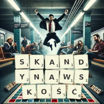 Kreatywna ilustracja do gry w Scrabble ze słowem SKANDYNAWSKOŚĆ ułożonym z płytek na planszy.