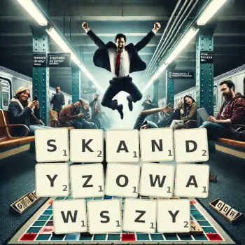 Kreatywna ilustracja do gry w Scrabble ze słowem SKANDYZOWAWSZY ułożonym z płytek na planszy.