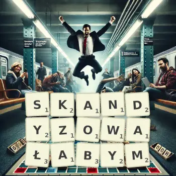 Kreatywna ilustracja do gry w Scrabble ze słowem SKANDYZOWAŁABYM ułożonym z płytek na planszy.
