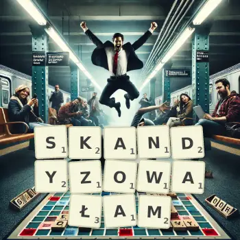 Kreatywna ilustracja do gry w Scrabble ze słowem SKANDYZOWAŁAM ułożonym z płytek na planszy.