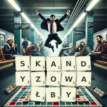 Kreatywna ilustracja do gry w Scrabble ze słowem SKANDYZOWAŁBY ułożonym z płytek na planszy.