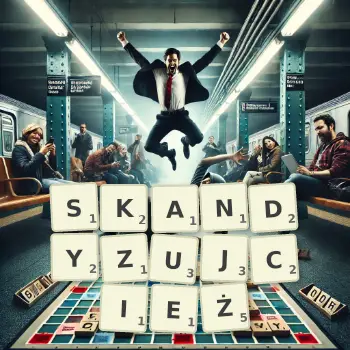 Kreatywna ilustracja do gry w Scrabble ze słowem SKANDYZUJCIEŻ ułożonym z płytek na planszy.